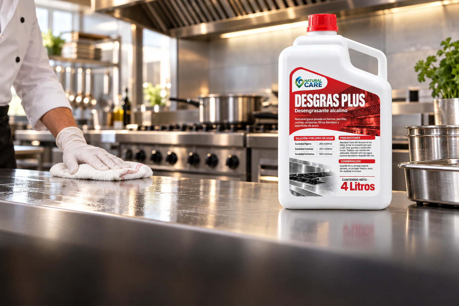 Desgras Plus en una cocina profesional mientras se limpia una superficie de acero