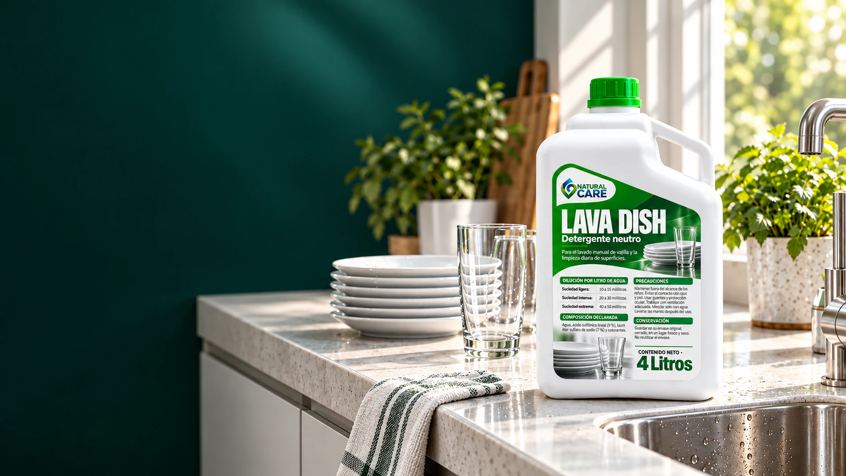 Lava Dish Natural Care junto a vajilla limpia en una cocina luminosa