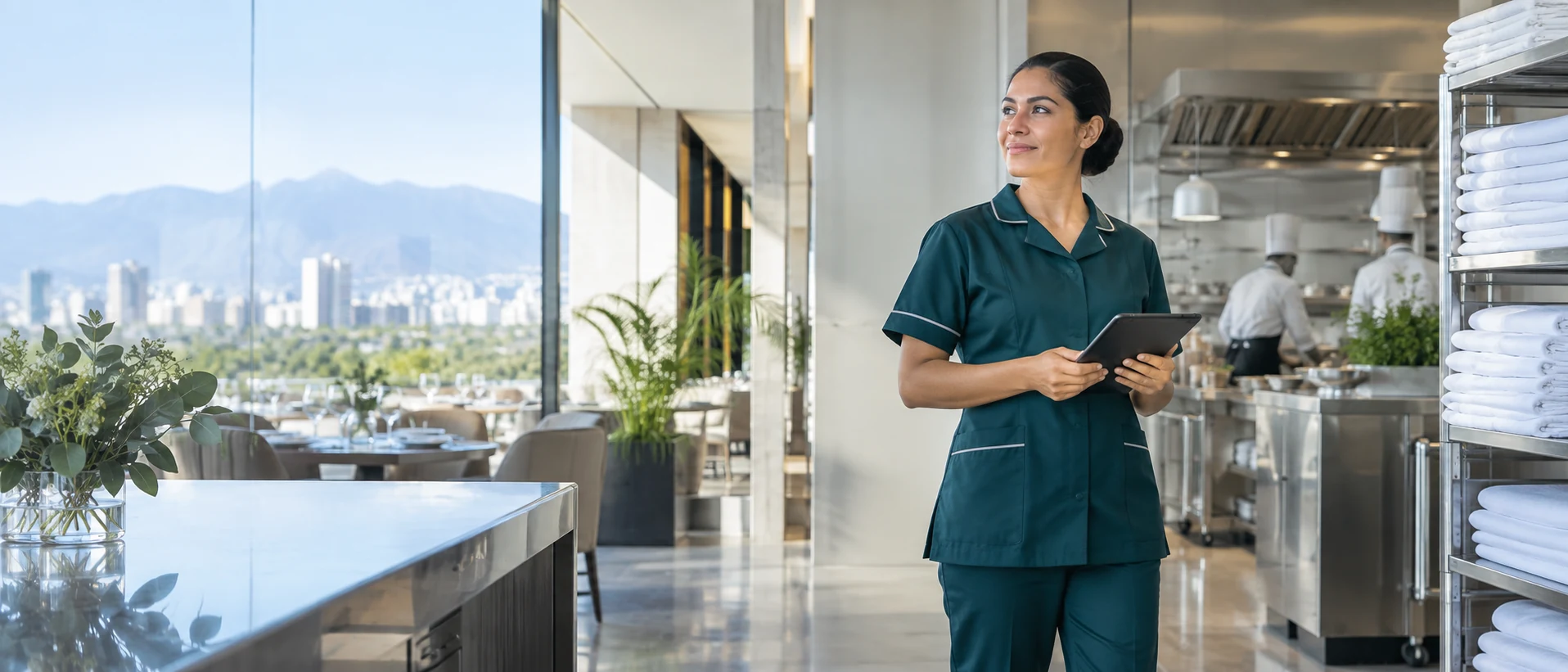 Profesional de limpieza supervisando una operación hotelera
