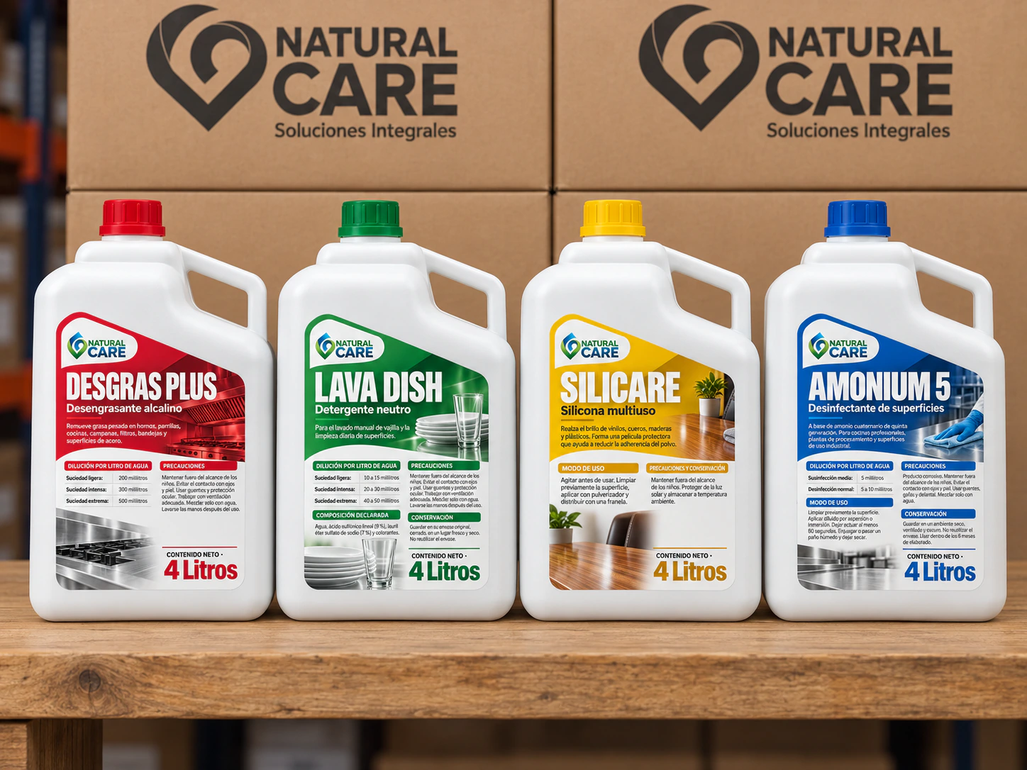 Productos Natural Care sobre una mesa de madera rústica limpia, frente a cajas de la marca