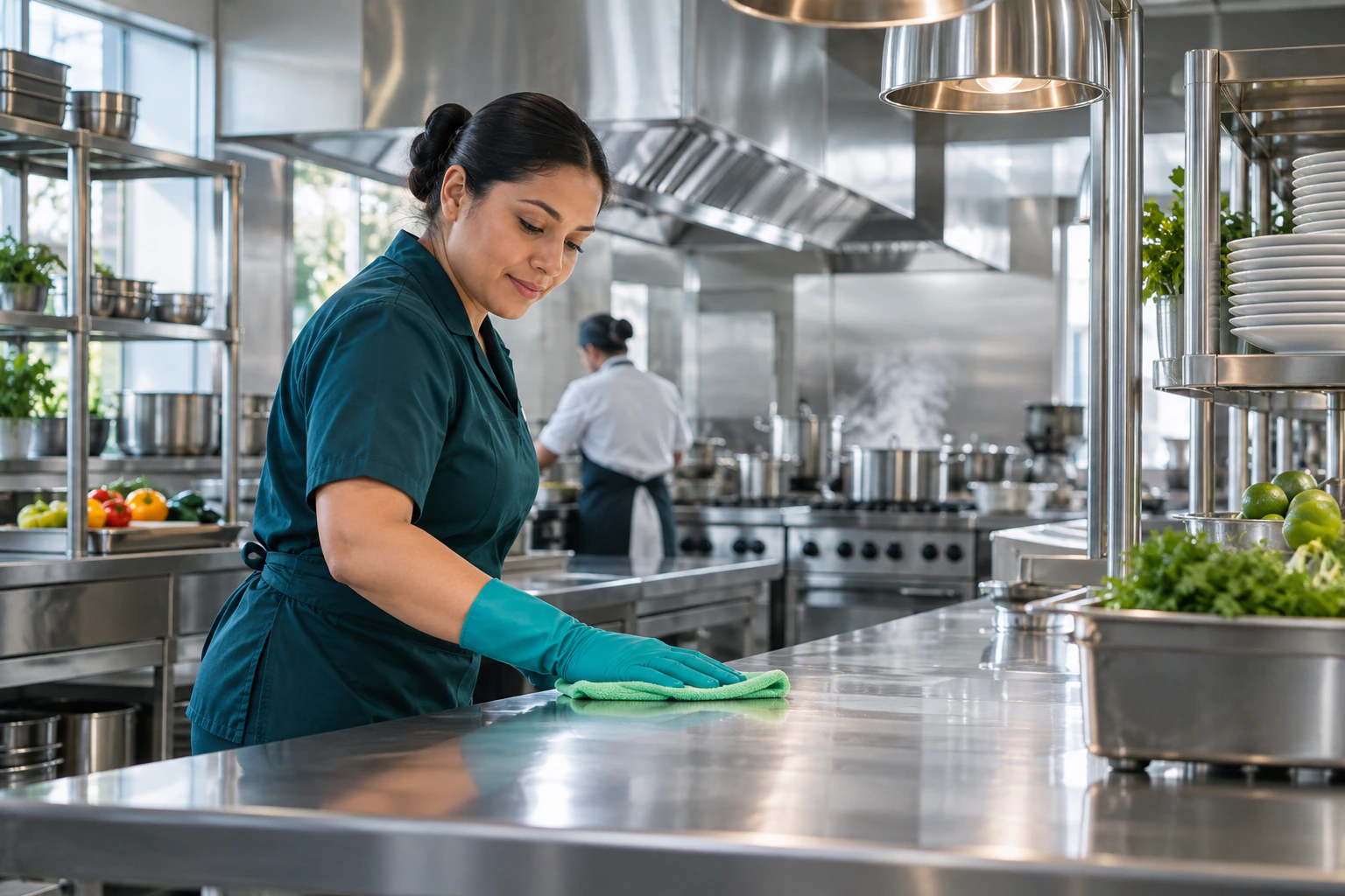 Profesional limpiando una cocina comercial